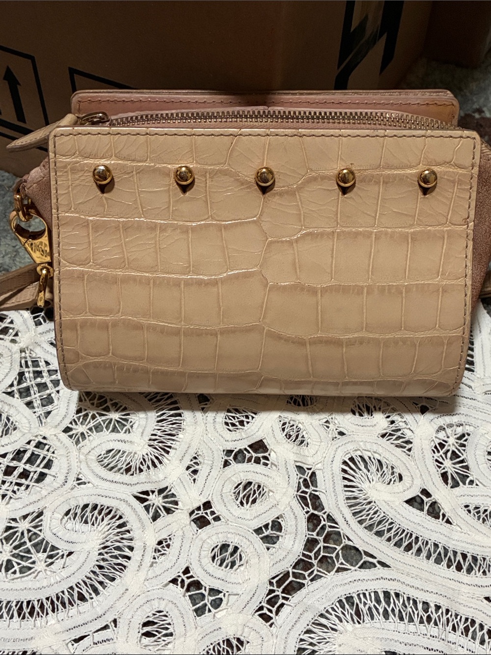 Alexander Wang Beige Croc-Embossed Crossbody with Gold Studs